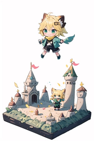 1 Girl chibi, short blonde hair, brown animal ears, green eyes, hairpin, long yellow scarf, a strand of hair standing up, short black t-shirt, green short jacket, joy, "wavy and dynamic movement Floating pastel flower petals Anime soft. Cute, short blonde hair, animal ears brown, hairpin, yellow scarf, pendant, green rolled up jacket, short black t-shirt, shorts, White background, Colorful pointed flag scribbles, beads :3, Sand, small bucket, sand castle 