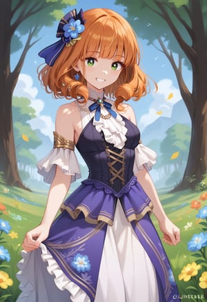 score_9, score_8_up, score_7_up, score_6_up, , score_5_up, , score_4_up, 
BREAK , 

masterpiece, best quality, Looking at the audience, 1girl solo, bangs, green eyes,Guinevere mlbb, The princess' royal purple floral dress, smile, Long orange hair curled with a blue ribbon at the back of his Grass, trees, flowers head,Guinevere mlbb 