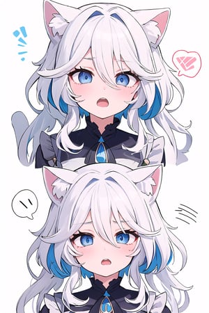 1 girl, Furina, details of blue eyes, cat ears, messy White hair, part of the face, mochi ice white background, \(genshin impact\), Heart sayings, Surprised face, open mouth,