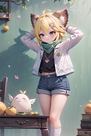 1 Girl, short blonde hair, brown animal ears, green eyes, hairpin, long yellow scarf, a strand of hair standing up, short black t-shirt, green short jacket, necklace, lollipop, shorts, sweet background, joy, "elegant crystal, graceful curves, Filled with orange and white marble fluid forming a fox shape, wavy and dynamic movement Floating pastel flower petals Anime soft pink gradient background and bright colors. Cute, short blonde hair, animal ears brown, hairpin, yellow scarf, pendant, green rolled up jacket, short black t-shirt, shorts, cloth, necklace, black stockings, indoor background, decoration, table, fruits, grass, flowers, colour_textDecoration, board write, grass, flowers, text, joyml, tousled hair, toys, scattered, Look for it, A strand of hair stands up,Books, children's games, cloth, colorful pointed flags, cups, cakes, Hands on head holding a piece of paper saying heart, Snotty, Red nose, standing, leaning against the wall, thin body, Slim 