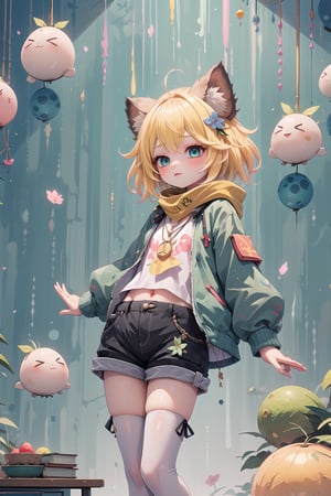 1 Girl, short blonde hair, brown animal ears, green eyes, hairpin, long yellow scarf, a strand of hair standing up, short black t-shirt, green short jacket, necklace, lollipop, shorts, sweet background, joy, "elegant crystal, graceful curves, Filled with orange and white marble fluid forming a fox shape, wavy and dynamic movement Floating pastel flower petals Anime soft pink gradient background and bright colors. Cute, short blonde hair, animal ears brown, hairpin, yellow scarf, pendant, green rolled up jacket, short black t-shirt, shorts, cloth, necklace, black stockings, indoor background, decoration, table, fruits, grass, flowers, colour_textDecoration, board write, grass, flowers, text, joyml, tousled hair, toys, scattered, Look for it, A strand of hair stands up,Books, children's games, cloth, colorful pointed flags, cups, cakes, Snotty, Red nose, standing, leaning against the wall, thin body, Slim