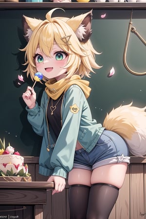 1 Girl, short blonde hair, brown animal ears, green eyes, hairpin, long yellow scarf, a strand of hair standing up, short black t-shirt, dark green short jacket, necklace, lollipop, shorts, sweet background, joy , "Elegant crystal, graceful curves, Filled with orange and white marble liquid to form a fox shape. The cat has big eyes and a long tail. Fluid cat silhouette with wavy and dynamic movements. Pastel flower petals floating Softly pink gradient background. Stylish thin lines anime and bright colors. Very detailed 8K resolution. Cute, short blonde hair, brown animal ears, hairpin, yellow scarf, pendant, dark green jacket, short black t-shirt, shorts, cloth, necklace, black stockings, indoor background, Decoration, chalkboard, grass, flowers, colored_textDecoration, chalkboard, grass, flowers, text, joyml, messy hair, toys, scattered, Look up, A strand of hair stands up,Books, children's games, cloth, colorful pointed flags, cups, cakes, Happy, smiling, holding A piece of heart greeting paper, Snotty, Red nose, standing, leaning against the wall, 