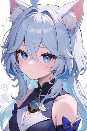 1 girl, Furina, details of blue eyes, cat ears, messy blue hair, part of the face, mochi ice background, black spots on furina's face \(genshin impact\),