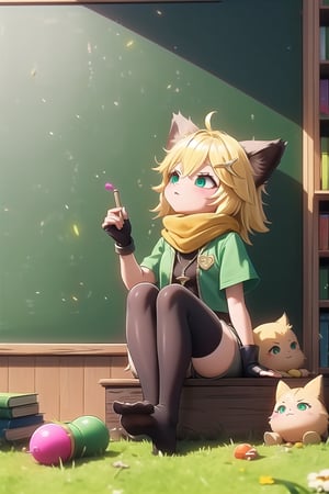 score_9, score_8_up, score_7_up,ANYA, 1 little girl, cute, short blonde hair, brown animal ears, green eyes, hairpin, yellow scarf, pendant, dark green jacket Short sleeves, fingerless gloves, short black t-shirt, shorts, cloth, necklace, black stockings, indoor background, Decoration, chalkboard, grass, flowers, colored_textDecoration, chalkboard, grass, flowers, text,joyml, messy hair, sitting, toys, scattered, Look up, Mobile toys, books on the ground, cups,