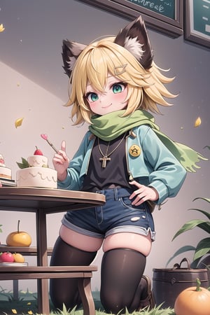 1 Girl, short blonde hair, brown animal ears, green eyes, hairpin, long yellow scarf, a strand of hair standing up, short black t-shirt, green short jacket, necklace, lollipop, shorts, sweet background, joy, "elegant crystal, graceful curves, Filled with orange and white marble fluid forming a fox shape, wavy and dynamic movement Floating pastel flower petals Anime soft pink gradient background and bright colors. Cute, short blonde hair, animal ears brown, hairpin, yellow scarf, pendant, green rolled up jacket, short black t-shirt, shorts, cloth, necklace, black stockings, indoor background, decoration, table, fruits, grass, flowers, colour_textDecoration, board write, grass, flowers, text, joyml, tousled hair, toys, scattered, Look for it, A strand of hair stands up,Books, children's games, cloth, colorful pointed flags, cups, cakes, Happy, smile, holding a piece of paper saying heart, Snotty, Red nose, standing, leaning against the wall, thin body, from below,