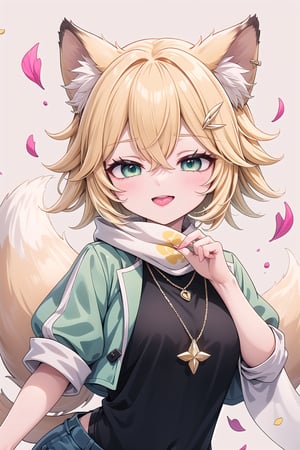 1 Girl, short blonde hair, brown animal ears, one closed eyes, green eyes, hair clip, long yellow scarf, a piece of hair standing up, short black t-shirt, short dark green jacket, necklace, lollipop, shorts, Upper body, sweet white background,joyml, "Elegant crystal, graceful curves,Filled with marbled orange and white liquid forming a fox shape. Cat has large eyes and long tail. Fluid feline silhouette with wavy, dynamic motion. Pastel flower petals floating around Soft pink gradient background. Anime-style thin linework and vibrant colors. Glossy textures. Hyper-detailed 8K resolution. Masterpiece, best quality, sharp focus,watce, Happy, >~<, Tongue