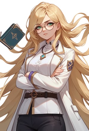 score_9, score_8_up, score_7_up, source_anime,  highly detailed, BREAK, 
  1girl,Layla, Round glasses, very long blonde hair, green eyes, White shirt with belt, black pants, necklace, lilotin, book, white coat White background, upper body, Crossed arms, 