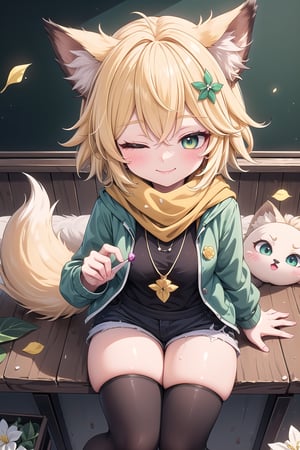 1 Girl, short blonde hair, brown animal ears, one eye closed, green eyes, hairpin, long yellow scarf, a strand of hair standing up, short black t-shirt, dark green short jacket, necklace, lollipop, shorts, sweet background, joy , "Elegant crystal, graceful curves, Filled with orange and white marble liquid to form a fox shape. The cat has big eyes and a long tail. Fluid cat silhouette with wavy and dynamic movements. Pastel flower petals floating Softly pink gradient background. Stylish thin lines anime and bright colors. Very detailed 8K resolution. Cute, short blonde hair, brown animal ears, green eyes, hairpin, yellow scarf, pendant, dark green jacket, short black t-shirt, shorts, cloth, necklace, black stockings, indoor background, Decoration, chalkboard, grass, flowers, colored_textDecoration, chalkboard, grass, flowers, text, joyml, messy hair, From above, sitting, toys, scattered, Look up, smile, A strand of hair stands up,