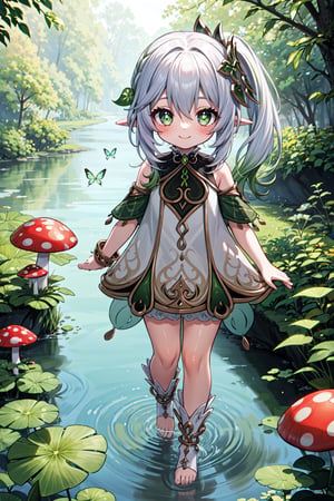 (masterpiece) 1 little girl NAHIDA GENSHIN IMPACT, walking, there is a river, grass, mushroom plants, trees, butterflies, leaves, smiles, squirrels, cats,