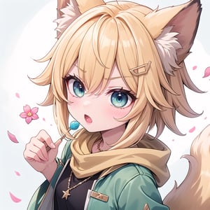 1 Girl, short blonde hair, brown animal ears, green eyes, hair clip, long yellow scarf, a piece of hair standing up, short black t-shirt, short dark green jacket, necklace, lollipop, shorts, Upper body, sweet white background,joyml, "Elegant crystal, graceful curves,Filled with marbled orange and white liquid forming a fox shape. Cat has large eyes and long tail. Fluid feline silhouette with wavy, dynamic motion. Pastel flower petals floating around Soft pink gradient background. Anime-style thin linework and vibrant colors. Glossy textures. Hyper-detailed 8K resolution. Masterpiece, best quality, sharp focus,watce, Annoyed, from above, :o,
