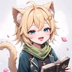 1 Girl, short blonde hair, brown animal ears, one closed  eyes, green eyes, hair clip, long yellow scarf, a piece of hair standing up, short black t-shirt, short dark green jacket, necklace, lollipop, shorts, Upper body, sweet white background,joyml, "Elegant crystal, graceful curves,Filled with marbled orange and white liquid forming shape.  long tail. Fluid feline silhouette with wavy, dynamic motion. Pastel flower petals floating around Soft pink gradient background. Anime-style thin linework and vibrant colors. Glossy textures. Hyper-detailed 8K resolution. Masterpiece, best quality, sharp focus,watce, Tongue sticking out, happy, From above, holding a book,