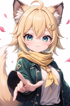 1 Girl, short blonde hair, brown animal ears, green eyes, hair clip, long yellow scarf, a piece of hair standing up, short black t-shirt, short dark green jacket, necklace, lollipop, shorts, Upper body, sweet :3, white background,joyml, "Elegant crystal, graceful curves,Filled with marbled orange and white liquid forming a fox shape. Cat has large eyes and long tail. Fluid feline silhouette with wavy, dynamic motion. Pastel flower petals floating around Soft pink gradient background. Anime-style thin linework and vibrant colors. Glossy textures. Hyper-detailed 8K resolution. Masterpiece, best quality, sharp focus,watce, Happy, canines,