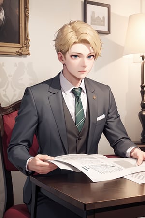 masterpiece, best quality, (detailed eyes, detailed background), absurdres, highres, highly detailed, masterpiece, best quality, reading newspaper, table, sitting on chair, indoors, upper body, wearing white shirt green suit and tie , blonde, boy, man,