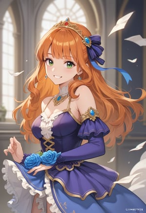 score_9, score_8_up, score_7_up, score_6_up, , score_5_up, , score_4_up, 
BREAK , 

masterpiece, best quality, Looking at the audience, 1girl solo, bangs, green eyes,Guinevere mlbb, The princess' royal purple floral dress, smile, Long orange hair curled with a blue ribbon at the back of his head 