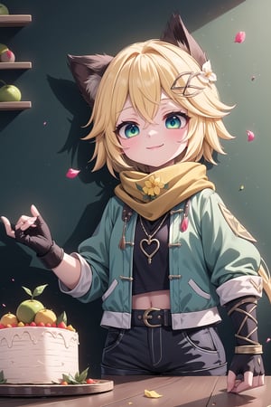 1 Girl, short blonde hair, brown animal ears, green eyes, hairpin, long yellow scarf, a strand of hair standing up, short black t-shirt, dark green short jacket, necklace, lollipop, shorts, sweet background, joy, "Elegant crystal , graceful curves, Filled with orange and white marble fluid forming a fox shape, wavy and dynamic movement Floating pastel flower petals Anime soft pink gradient background and highly detailed 8K resolution brown animal, hairpin, yellow scarf, pendant, short-sleeved dark green jacket, fingerless gloves, short black t-shirt, shorts, cloth, necklace, black stockings, indoor background, Decoration, table, fruits, grass, flowers, colour_textDecoration, blackboard, grass, flowers, text, joyml, tousled hair, toys, scattered, look up, A strand of hair standing,book, children's games, cloth, multicolored pointed flags, cups , cake , Happy, smiling, holding a piece of paper saying heart, Snotty, Red nose, standing, leaning against the wall, thin body, 