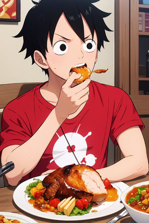 masterpiece, best quality, (detailed eyes, detailed background), absurdres, highres, highly detailed, masterpiece, best quality, black eyes, luffy eating, table and turkey food, food in mouth, indoors, upper body, wearing red and black t-shirt, Luffy,