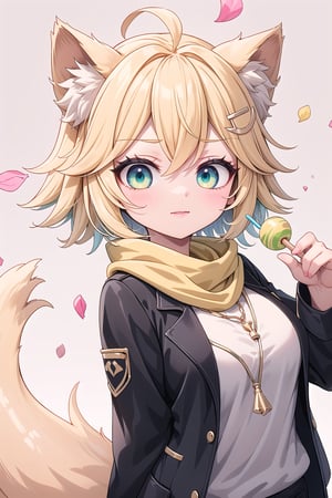 1 Girl, short blonde hair, brown animal ears, green eyes, hair clip, long yellow scarf, a piece of hair standing up, short black t-shirt, short dark green jacket, necklace, lollipop, shorts, Upper body, sweet white background,joyml, "Elegant crystal, graceful curves,Filled with marbled orange and white liquid forming a fox shape. Cat has large eyes and long tail. Fluid feline silhouette with wavy, dynamic motion. Pastel flower petals floating around Soft pink gradient background. Anime-style thin linework and vibrant colors. Glossy textures. Hyper-detailed 8K resolution. Masterpiece, best quality, sharp focus,watce, Happy, >~<, holding Empty paper 