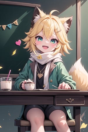 1 Girl, short blonde hair, brown animal ears, green eyes, hairpin, long yellow scarf, a strand of hair standing up, short black t-shirt, dark green short jacket, necklace, lollipop, shorts, sweet background, joy , "Elegant crystal, graceful curves, Filled with orange and white marble liquid to form a fox shape. The cat has big eyes and a long tail. Fluid cat silhouette with wavy and dynamic movements. Pastel flower petals floating Softly pink gradient background. Stylish thin lines anime and bright colors. Very detailed 8K resolution. Cute, short blonde hair, brown animal ears, hairpin, yellow scarf, pendant, dark green jacket, short black t-shirt, shorts, cloth, necklace, black stockings, indoor background, Decoration, chalkboard, grass, flowers, colored_textDecoration, chalkboard, grass, flowers, text, joyml, messy hair, sitting, toys, scattered, Look up, A strand of hair stands up,Books, children's games, cloth, colorful pointed flags, cups, cakes, Happy, smiling, holding A piece of heart greeting paper, Open mouth canine teeth,  Table, hot chocolate