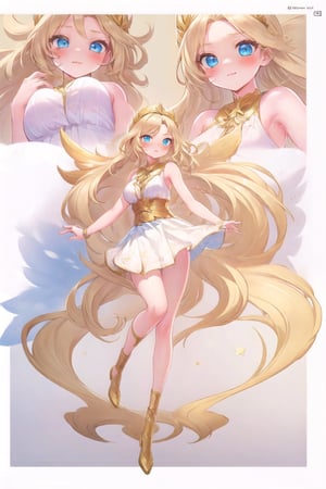 conceptual design, white background, 1girl, hair accessories, blonde hair, blue eyes, white dress, sleeveless, decoration, full body, :l, blushing, speech bubble, star, RafaDewi,Angel,RafaGoddess, Angel's Milestone, Border line details