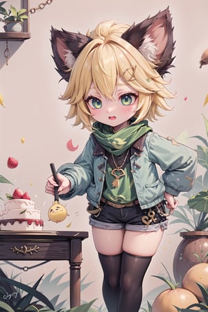 1 Girl, short blonde hair, brown animal ears, green eyes, hairpin, long yellow scarf, a strand of hair standing up, short black t-shirt, green short jacket, necklace, lollipop, shorts, sweet background, joy, "elegant crystal, graceful curves, Filled with orange and white marble fluid forming a fox shape, wavy and dynamic movement Floating pastel flower petals Anime soft pink gradient background and bright colors. Cute, short blonde hair, animal ears brown, hairpin, yellow scarf, pendant, green rolled up jacket, short black t-shirt, shorts, cloth, necklace, black stockings, indoor background, decoration, table, fruits, grass, flowers, colour_textDecoration, board write, grass, flowers, text, joyml, tousled hair, toys, scattered, Look for it, A strand of hair stands up,Books, children's games, cloth, colorful pointed flags, cups, cakes, Snotty, Red nose, standing, leaning against the wall, thin body, Slim