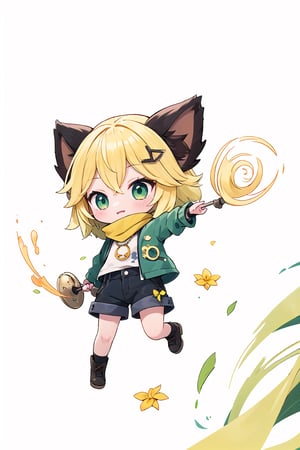 1 Girl chibi, short blonde hair, brown animal ears, green eyes, hairpin, long yellow scarf, a strand of hair standing up, short black t-shirt, green short jacket, joy, "wavy and dynamic movement Floating pastel flower petals Anime soft. Cute, short blonde hair, animal ears brown, hairpin, yellow scarf, pendant, green rolled up jacket, short black t-shirt, shorts, White background, Colorful pointed flag scribbles, beads 