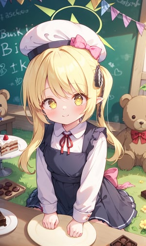 score_9, score_8_up, score_7_up, Teddy bear, Without_people, on the ground grass leaves flowers, fubukiBA,1 little girl in the room, sitting at the table, blackboard, write mixed text Ibuki, Yellow eyes, blonde hair, wrap skirt, clothes,ibuki-dress,ibuki-default,ibuki \(blue archive\), cuteloliface, Upper body, dining table, apron, chef hat, closed mouth, chocolate cream cake, 