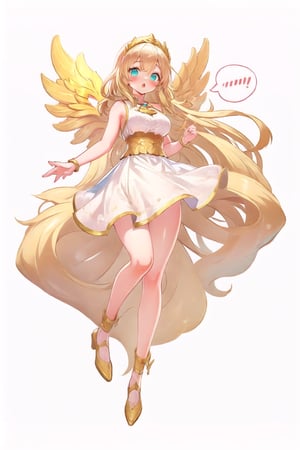 conceptual design, white background, 1girl, hair accessories, blonde hair, Aqua eyes, white dress, sleeveless, decoration, full body, :o, blushing, speech bubble, star, RafaDewi,Angel