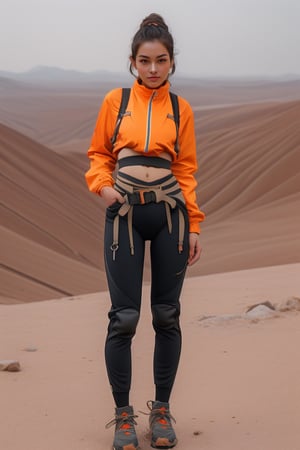 
 girl, standing in desert, full body portrait,belts strapped around legs, beautiful, super sexy, action sport clothes, functional clothes, her clothes are equipped with hanging straps, straps like for parachuting, standing, natural body, realistic body, orange jacket, full body, hair in knut, body portrait, techwear, pants with high waist covering belly button, small parachute backpack with hanging straps, parachute belt strapped around stomach, clothes like mountain climber, casual pose, clothes for warm weather, perfect body, , hair in knut, inst4 style,v0ng44g,IncrsXLRanni,gh3a,weapon,3DMM