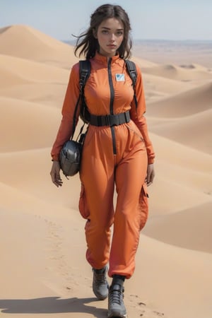 african european girl, in desert with action sport clothes, clothes for warm weather, functional clothes, her clothes are equipped with hanging straps, straps like for parachuting, face, body portrait, standing, , natural body, realistic body, orange jacket, full body, hair in knut, body portrait, pants with high waist covering belly button, small parachute backpack with hanging straps, parachute belt strapped around stomach, moebious style, full body portrait, techwear, trek shoes, tight pants, knee pads, trap around stomach, beutiful face,photo r3al,Mechanical part,Qftan