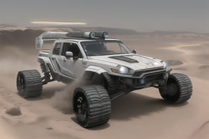 future looking racing vehicle, driving in desert, with bracket instead of handlebar, the vehicle has no cockpit, blessedtech,pdrally,CURIOSITY