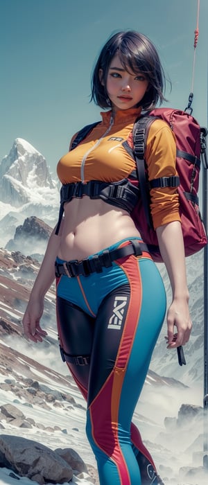  1woman, desert evirement, full body portrait,belts strapped around legs, beautiful, action sport clothes, functional clothes, her clothes are equipped with straps, clothes like for mountain climbing, standing, perfect body, orange jacket, techwear, pants with high waist covering belly button, small parachute backpack with straps, parachute belt strapped around stomach, clothes like mountain climber, casual pose, inst4 style,v0ng44g,IncrsXLRanni,gh3a,weapon,3DMM,colorful_girl_v2,motoko2045wz