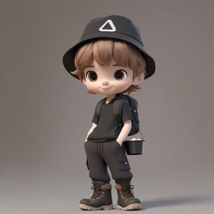 (Black camping wears:1.6), camping wears, pixar style, cute, boy, light brown hair, black capri pants,hikeing boots, Bucket Hat, 3d style,3d