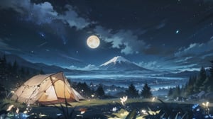 Fuji Mountain, BLACK color tent, black camping gear, lawn, camping, night, no people, galaxy, fullmoon, beautiful night sky, pastelbg,firefliesfireflies