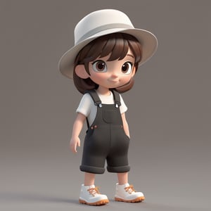 (camping wears:1.6), pixar style, cute, girl, Long brown hair, black dungarees, white tee, Bucket Hat, 3d style,3d