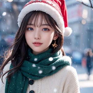 red christmas hat, green scarf, christmas theme, Portrait, Front-facing, 1 girl, very bright backlighting, solo, {beautiful and detailed eyes}, natural and soft light, hair blown by the breeze, delicate facial features, Blunt bangs, beautiful korean girl, eye smile, very small earrings, winter clothes,  snowing, outdoor background, slim figure, gentle smile, natural makeup, fair skin, 20 yo, film grain, realhands, 