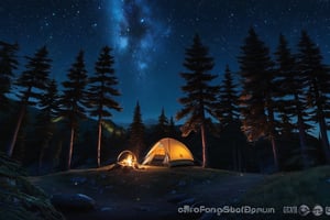 anime, night, camping, galaxy, tent. trees, mountains