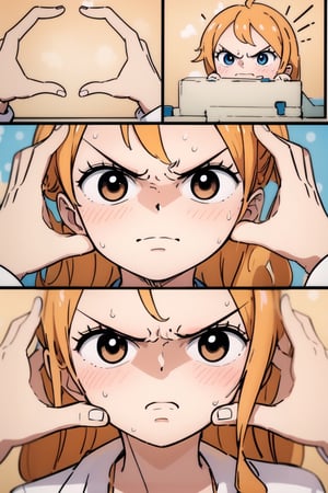 1 girl, cute face, cute eyes, Highly detailed, High Quality, Masterpiece, beautiful, IncrsSnootChallenge, comic, pov hands, white shirt, , annoyed, angry, ,IncrsSnootChallenge,