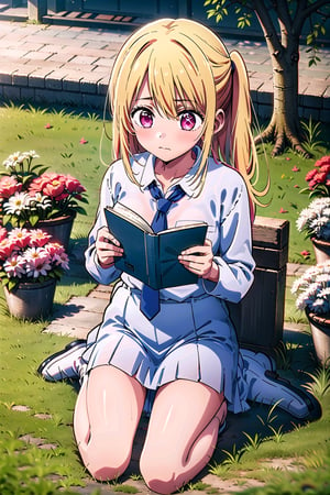 (masterpiece), 1 girl, RUBY, hair tie, pink eyes, medium blonde hair, high school uniform, Indonesian logo, white long-sleeved shirt, light blue skirt, long tie, full body, sitting near a tree, flowers, from above, writing in a book, garden, daylight, tree