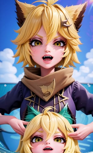 (masterpiece, top quality), intricate details, thin, ((slim)), beautiful girl, mature woman, Yellow hair, white skin, light yellow eyes, cat ears, very detailed, playing in the pool water, sharp jawline, clothes beach, messy hair, lips, open mouth, fangs, upper body, almost awake, grinning, happy,HeadpatPOV,TomReadingTheNewspaper