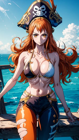 {(Yamato)}, 1girl, Adult girl, {(anime, 8k, masterpiece, best quality, best quality, beautiful and aesthetic, professional illustration, ultra detail, perfect lighting, perfect shadow, perfect sharpness, HDR)}, {( Orange hair with yellow tips, long hair, rich person style, wearing a pirate hat, beautiful hair, detailed hair, shining hair)}, {(orange eyes, very detailed eyes, beautiful eyes, shining eyes)}, {(detailed face , detailed nose , detailed mouth, beautiful face)}, {(athletic and sensual body, perfect body, perfect arms, perfect hands, perfect legs, detailed body, beautiful body)}, {(wearing pirate clothes, very detailed clothes, pirate pants, pretty clothes ) }, {(standing, Joyful expression)}, {(view of heaven's golden treasures, very detailed view, very beautiful view, on a wooden ship, high quality view)}, {(summer day , bright, highly detailed sky, high quality sky, beautiful sky, perfect sky)}, {(NamiOP\(one piece\))},NamiOP