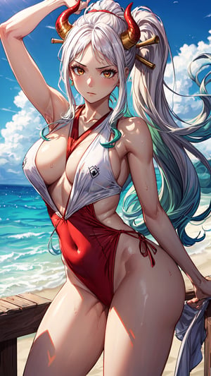 {(Yamato)}, 1girl, Sexy girl, {(anime, 8k, masterpiece, best quality, best quality, beautiful and aesthetic, professional illustration, ultra detail, perfect lighting, perfect shadow, perfect sharpness, HDR)}, {( White hair with green tips, long hair, red horns on the head, beautiful hair, detailed hair, shining hair)}, {(golden eyes, very detailed eyes, beautiful eyes, shining eyes)}, {(detailed face, detailed nose, detailed mouth, beautiful face)}, {(athletic and sensual body, perfect body, perfect arms, perfect hands, perfect legs, detailed body, beautiful body)}, {(wearing red clothes, very detailed clothes, beautiful clothes) }, {(standing, Expression of happiness)}, {(paradise beach view, very detailed view, very beautiful view, high quality view)}, {(summer day, sunny, very detailed sky, high quality sky, clear sky beautiful, perfect sky)}, {(yamato\(one piece\))}