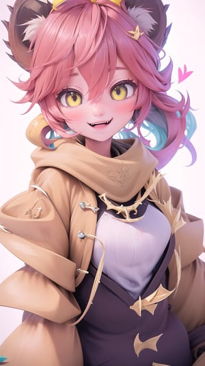 (masterpiece, top quality), intricate details, thin, ((slim)), beautiful girl, teenage woman, Yellow hair, white skin, light yellow eyes, cat ears, sharp jawline, cropped jacket, messy hair, lips , fangs, upper body, almost awake, grinning, happy, excited pet pose,1GIRL MINATO_AQUA