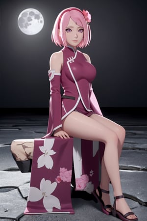 artwork, best quality, highres, pvc, rendering, fullbody, braids, big breasts, hair flowers, looking at viewer, short hair, pink hair, ribbons, moles, closed mouth, purple flowers, shoulder guards, japanese clothes, hair ornaments , flower, armor, solo, pink eyes, cleavage, white, 1girl, upper body, solo, , sitting moon, moon, cross-legged,haruno sakura