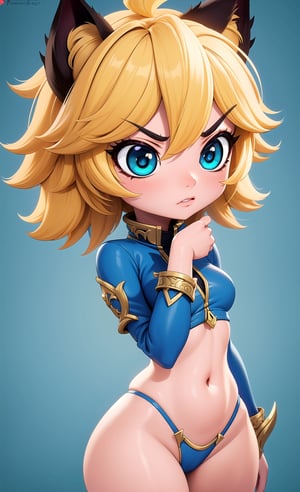 (masterpiece, top quality), intricate details, ((slim)), beautiful girl,1 woman, (assassin), Angry, Yellow hair, white skin, light blue eyes, cat ears, very detailed, messy hair , detailed pictures,IncrsSnootChallenge,chibi