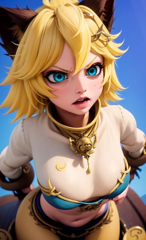 (masterpiece, top quality), intricate details, ((slim)), beautiful girl,1 woman, (assassin), Angry, Yellow hair, white skin, light blue eyes, cat ears, very detailed, messy hair , detailed pictures,