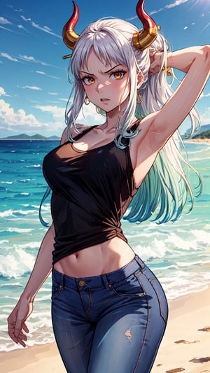 {(Yamato)}, 1girl, Sexy girl, {(anime, 8k, masterpiece, best quality, best quality, beautiful and aesthetic, professional illustration, ultra detail, perfect lighting, perfect shadow, perfect sharpness, HDR)}, {( White hair with green tips, long hair, red horns on the head, beautiful hair, detailed hair, shining hair)}, {(golden eyes, very detailed eyes, beautiful eyes, shining eyes)}, {(detailed face, detailed nose, detailed mouth, beautiful face)}, {(athletic and sensual body, perfect body, perfect arms, perfect hands, perfect legs, detailed body, beautiful body)}, {(wearing a black t-shirt, jeans, very detailed clothes, clothes beautiful) }, {(standing, Angry Expression)}, {(paradise beach view, very detailed view, very beautiful view, high quality view)}, {(summer day, sunny, very detailed sky, quality sky high, beautiful sky, perfect sky)}, {(yamato\(one piece\))}