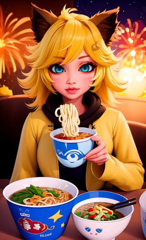 (masterpiece, best quality), intricate details, ((slim)), beautiful girl,1 woman, sedan eating cup noodles with chopsticks, at night, background of many stars and fireworks, Yellow hair, white skin, light blue eyes , cat ears, very detailed, jacket, messy hair, detailed drawing,