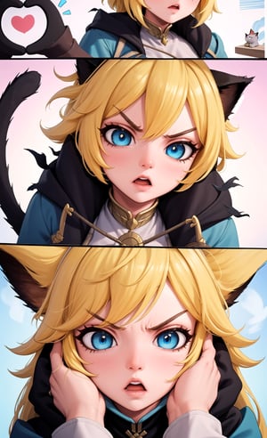 (masterpiece, top quality), intricate details, ((slim)), beautiful girl,1 woman, (assassin), Angry, Yellow hair, white skin, light blue eyes, cat ears, very detailed, messy hair , detailed pictures,IncrsSnootChallenge