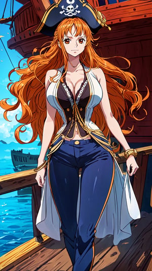 {(Yamato)}, 1girl, Adult girl, {(anime, 8k, masterpiece, best quality, best quality, beautiful and aesthetic, professional illustration, ultra detail, perfect lighting, perfect shadow, perfect sharpness, HDR)}, {( Orange hair with yellow tips, long hair, rich person style, wearing a pirate hat, beautiful hair, detailed hair, shining hair)}, {(orange eyes, very detailed eyes, beautiful eyes, shining eyes)}, {(detailed face , detailed nose , detailed mouth, beautiful face)}, {(athletic and sensual body, perfect body, perfect arms, perfect hands, perfect legs, detailed body, beautiful body)}, {(wearing pirate clothes, very detailed clothes, pirate pants, pretty clothes ) }, {(standing, Joyful expression)}, {(view of heaven's golden treasures, very detailed view, very beautiful view, on a wooden ship, high quality view)}, {(summer day , bright, highly detailed sky, high quality sky, beautiful sky, perfect sky)}, {(nami\(one piece\))},nami