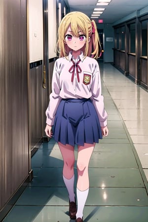 (masterpiece), 1 girl, RUBY, Hair tie, pink eyes, medium blonde hair, high school uniform, holding skirt, full body, in school hallway, walking,Karakter_Anime_Pake_Baju_SMA